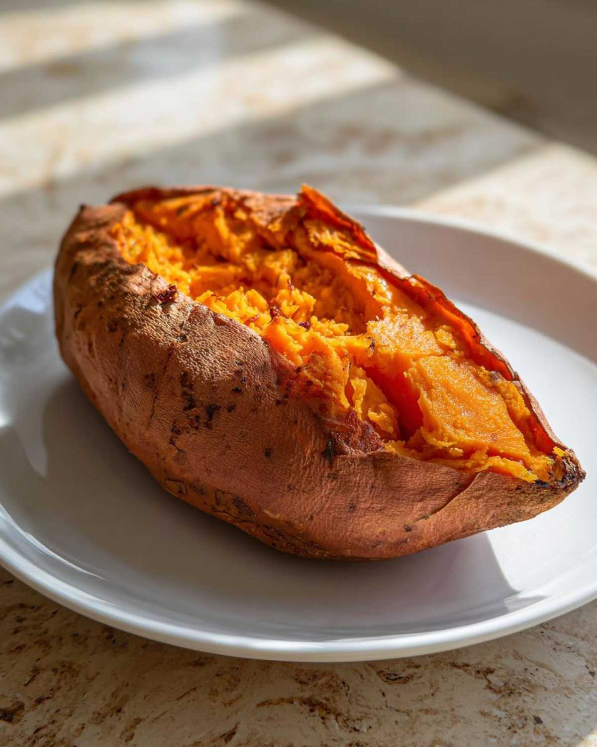 A close-up of a baked sweet potato split open on a white plate, showing the bright orange, fluffy interior.