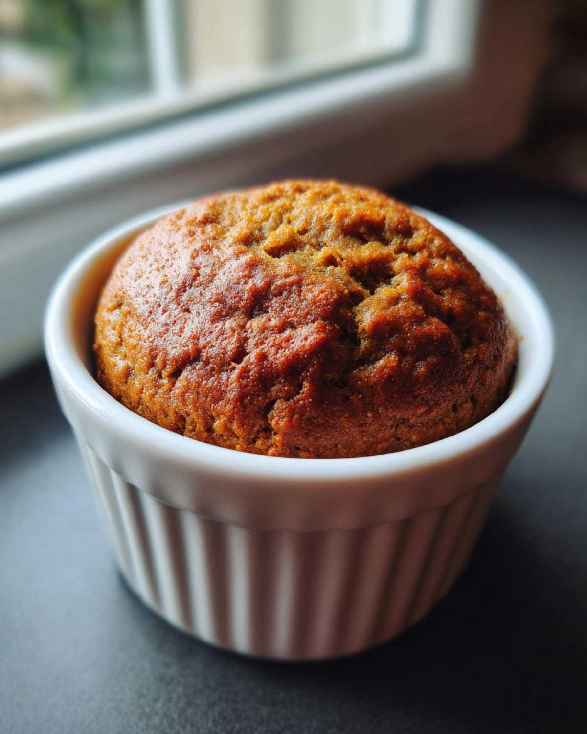 Close-up of a freshly baked banana protein muffin rising over the edge of a white, fluted ramekin.
