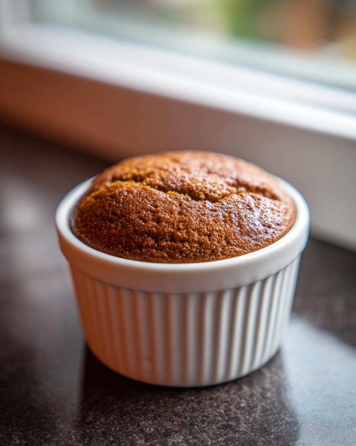 Close-up of a freshly baked banana protein muffin with a cracked top, sitting in a white, ribbed ramekin.