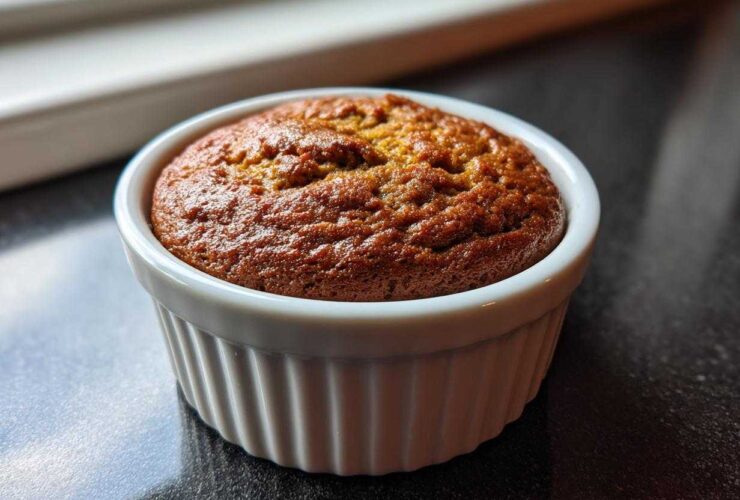Close-up of a golden brown banana protein muffin baked in a white, fluted ramekin.
