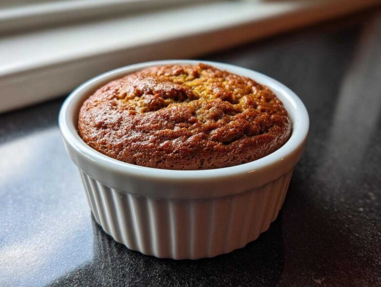 Close-up of a golden brown banana protein muffin baked in a white, fluted ramekin.
