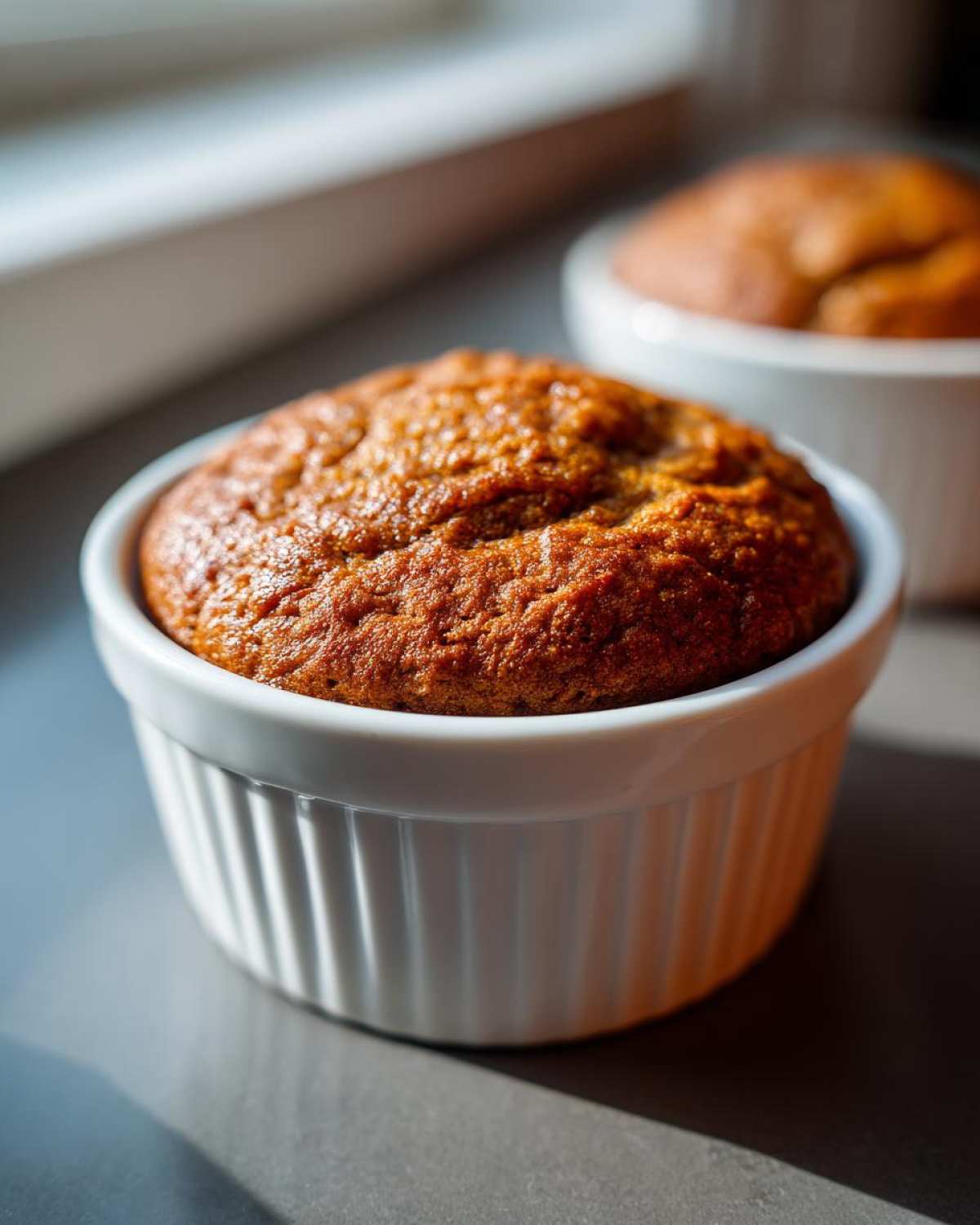 Close-up of a golden brown banana protein muffins baked in a white fluted ramekin, sitting near a window.