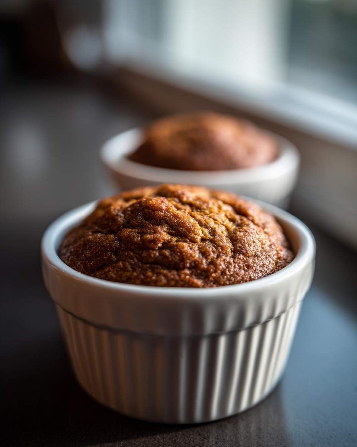 Close-up of a freshly baked banana protein muffin with a golden-brown, textured top, sitting in a white ceramic ramekin.