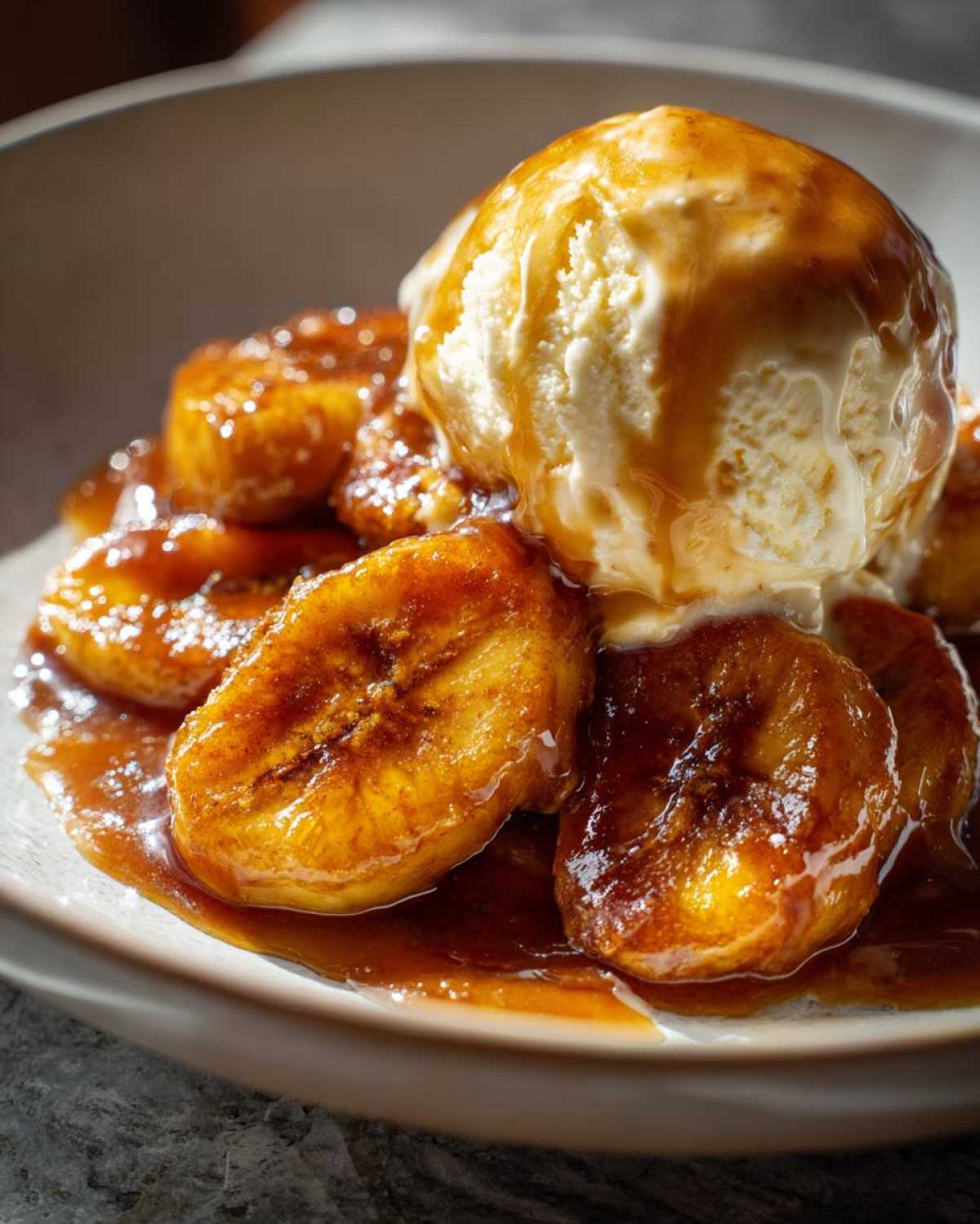 Close-up of caramelized bananas foster topped with a scoop of melting vanilla ice cream and caramel sauce.