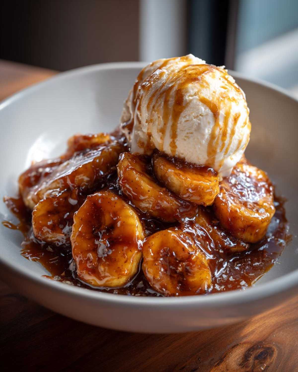 Close-up of warm, caramelized bananas foster topped with a scoop of vanilla ice cream and caramel drizzle.