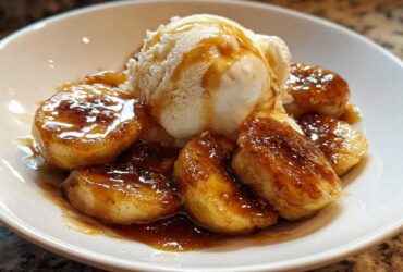 A serving of caramelized bananas foster topped with a scoop of vanilla ice cream and drizzled with warm sauce.