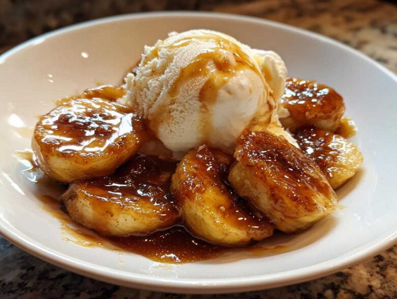 A serving of caramelized bananas foster topped with a scoop of vanilla ice cream and drizzled with warm sauce.