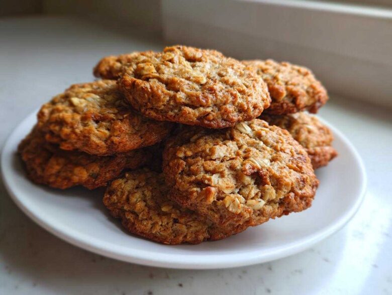 A close-up stack of freshly baked, golden brown oatmeal cookie resting on a small white plate.