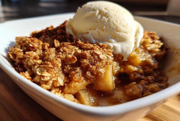 Close-up of a warm apple crisp recipe serving topped with a scoop of vanilla ice cream in a white bowl.