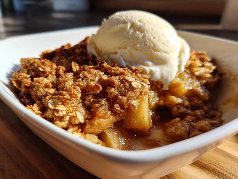 Close-up of a warm apple crisp recipe serving topped with a scoop of vanilla ice cream in a white bowl.