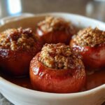 Four glistening baked apple desserts topped with a brown sugar and oat crumble, sitting in a white baking dish.