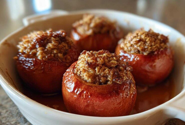 Four glistening baked apple desserts topped with a brown sugar and oat crumble, sitting in a white baking dish.