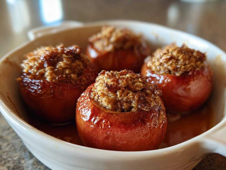 Four glistening baked apple desserts topped with a brown sugar and oat crumble, sitting in a white baking dish.