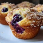 Close-up of a freshly baked blueberry muffin featuring a burst of juicy blueberries and a sparkling sugar crumb topping.