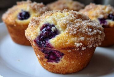 Close-up of a freshly baked blueberry muffin featuring a burst of juicy blueberries and a sparkling sugar crumb topping.
