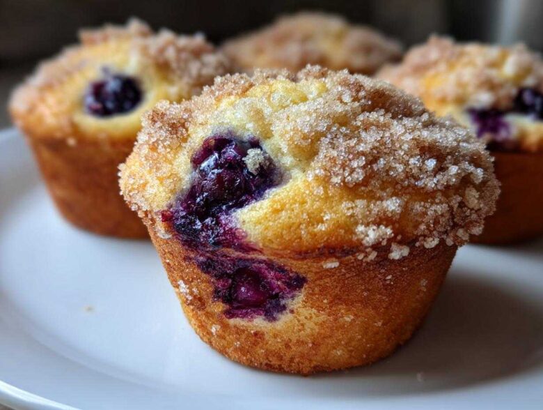 Close-up of a freshly baked blueberry muffin featuring a burst of juicy blueberries and a sparkling sugar crumb topping.