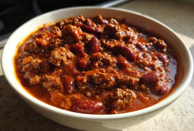 Close-up of a hearty bowl of chili featuring ground beef and kidney beans in a rich, dark red sauce, perfect for the best chili recipe.