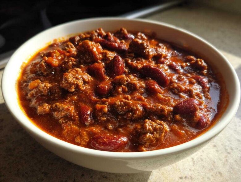 Close-up of a hearty bowl of chili featuring ground beef and kidney beans in a rich, dark red sauce, perfect for the best chili recipe.