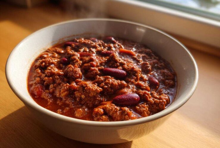 Close-up of a steaming bowl containing the best chili recipe, rich with ground meat and kidney beans.