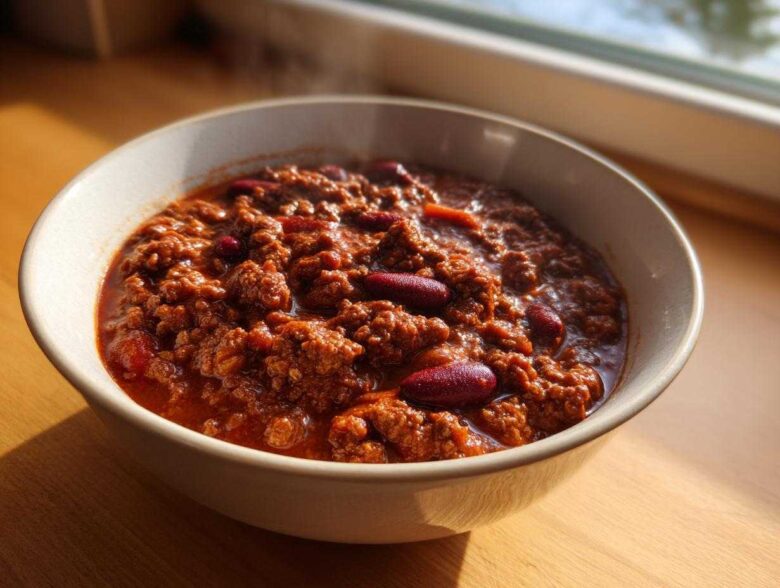 Close-up of a steaming bowl containing the best chili recipe, rich with ground meat and kidney beans.
