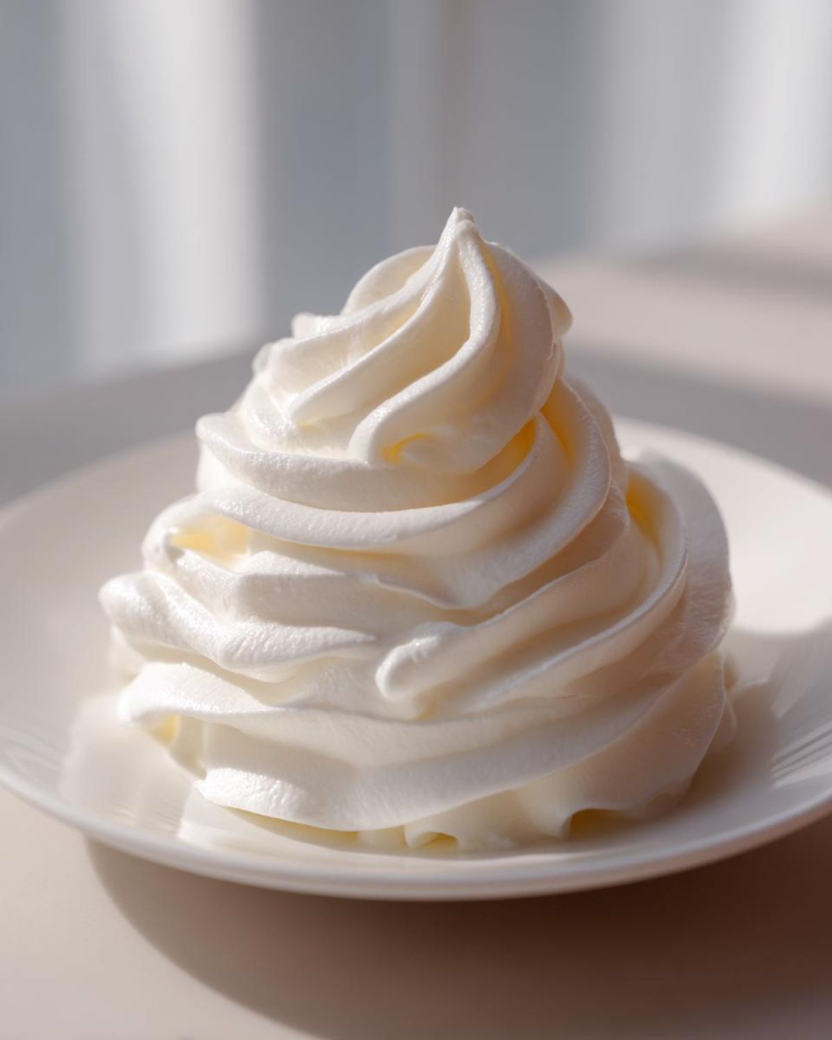 A pristine, tall swirl of white cream cheese frosting piped onto a small white plate.