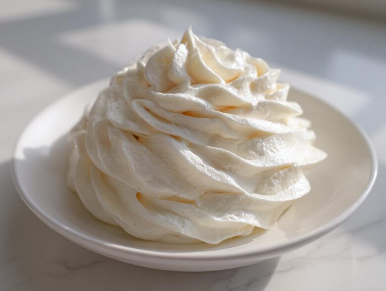 A beautiful, tall swirl of fluffy white cream cheese frosting piped onto a small white dish.