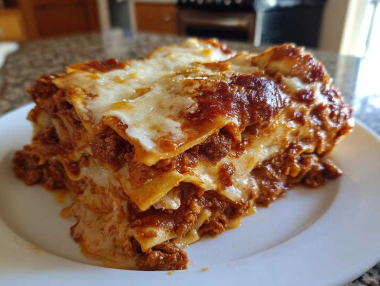 A thick, layered slice of homemade lasagna featuring rich meat sauce and melted cheese on a white plate.