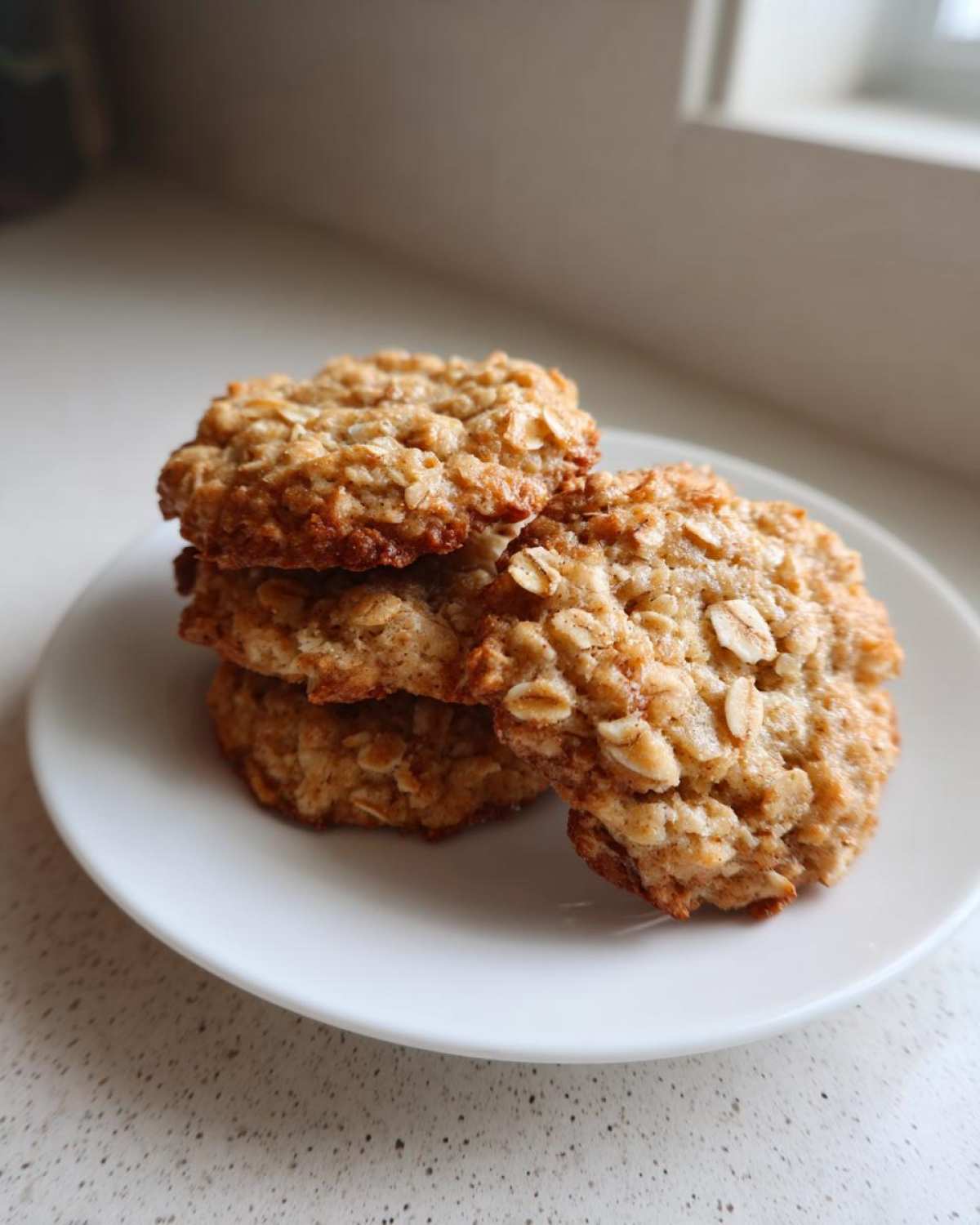 A stack of three golden brown oatmeal cookie treats resting on a small white plate.