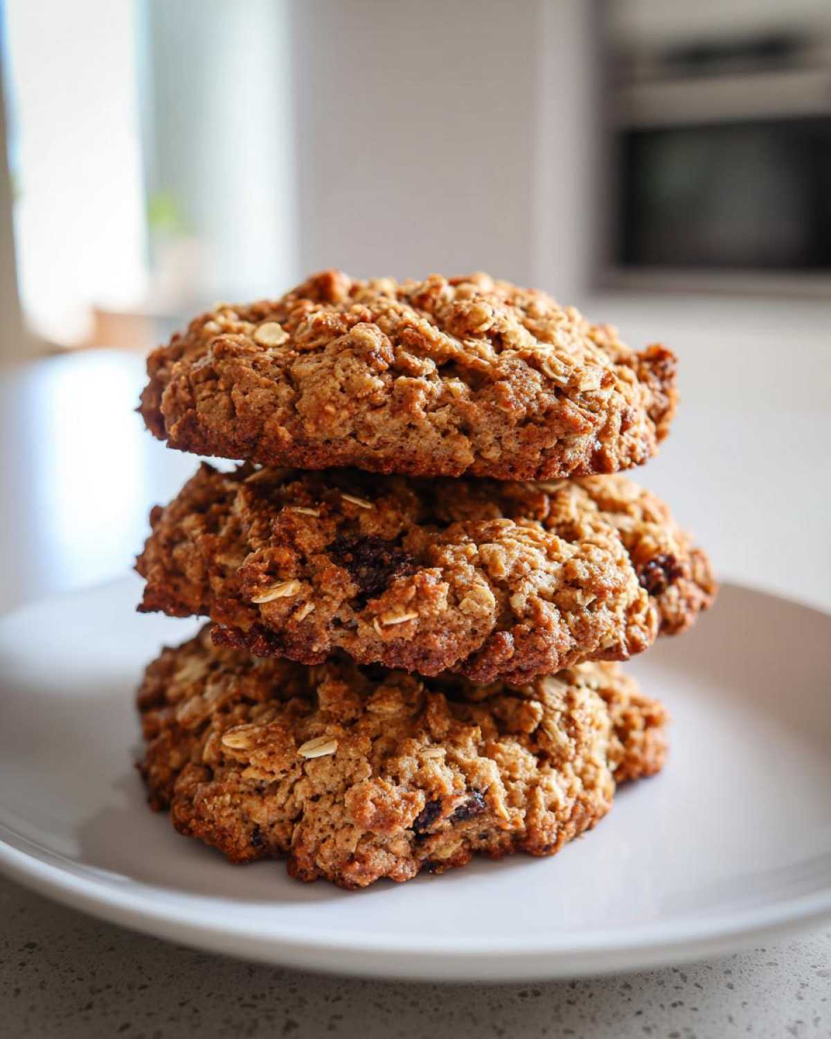 A vertical stack of three freshly baked, chewy oatmeal cookie treats on a white plate.
