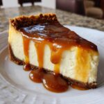 A decadent slice of best salted caramel cheesecake with a thick graham cracker crust and rich caramel sauce dripping down the side.