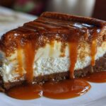 A decadent slice of salted caramel cheesecake topped with thick, glossy caramel sauce dripping down the sides.