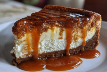 A decadent slice of salted caramel cheesecake topped with thick, glossy caramel sauce dripping down the sides.