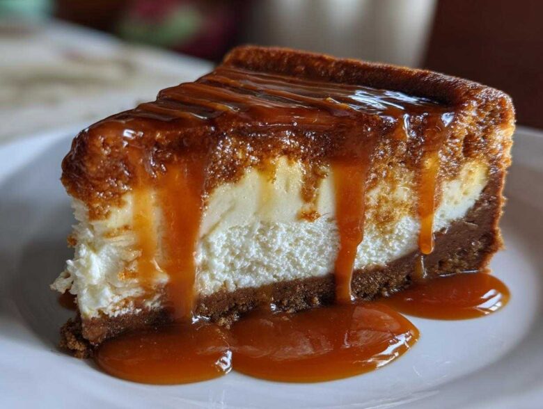 A decadent slice of salted caramel cheesecake topped with thick, glossy caramel sauce dripping down the sides.