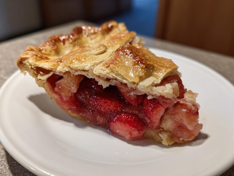 A close-up of a juicy slice of strawberry rhubarb pie showing the bright red filling and golden, flaky top crust.