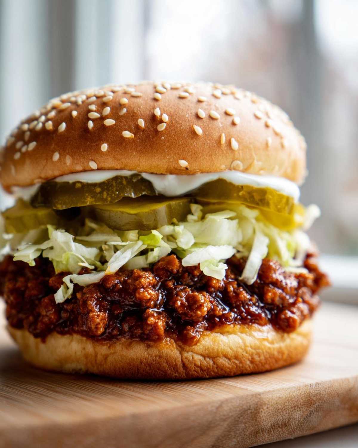 A close-up of a delicious big mac sloppy joes sandwich featuring a sesame seed bun, saucy meat, shredded lettuce, pickles, and white sauce.
