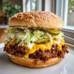 A towering big mac sloppy joes sandwich featuring ground meat, melted cheese, lettuce, pickles, and sauce on a sesame seed bun.