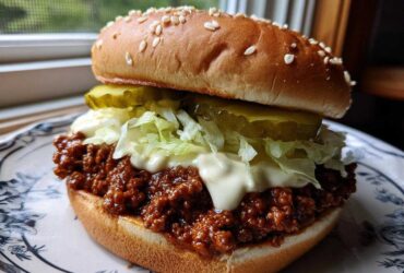 A fully assembled big mac sloppy joes sandwich featuring a sesame seed bun, savory meat sauce, shredded lettuce, pickles, and special sauce.