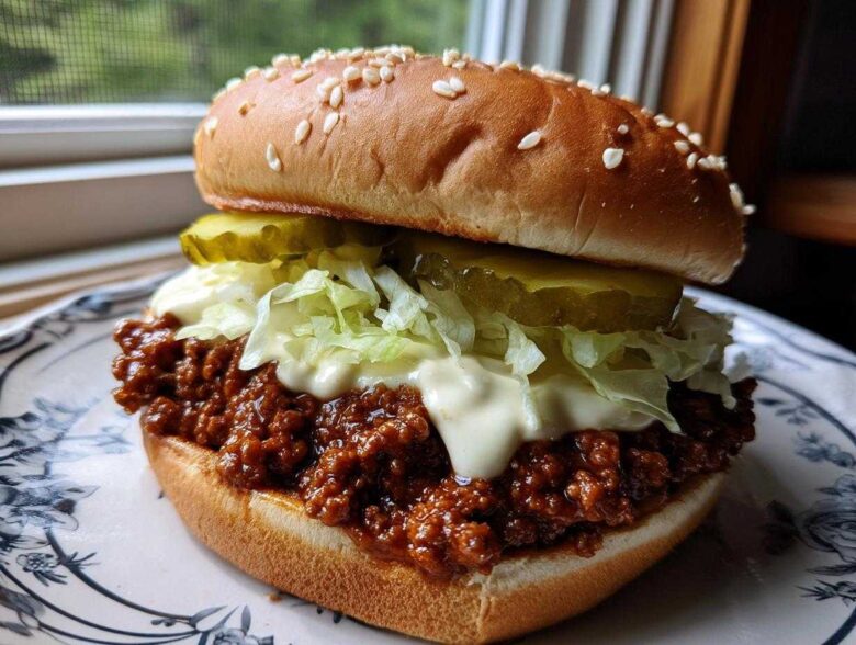A fully assembled big mac sloppy joes sandwich featuring a sesame seed bun, savory meat sauce, shredded lettuce, pickles, and special sauce.