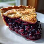Close-up of a juicy slice of blackberry pie showing thick, dark berry filling and a golden, flaky lattice crust.