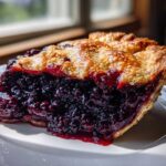 A thick slice of homemade blackberry pie showing a deep purple, juicy filling and a golden, flaky top crust.