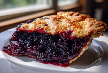 A thick slice of homemade blackberry pie showing a deep purple, juicy filling and a golden, flaky top crust.