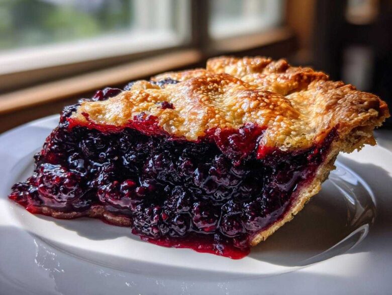 A thick slice of homemade blackberry pie showing a deep purple, juicy filling and a golden, flaky top crust.