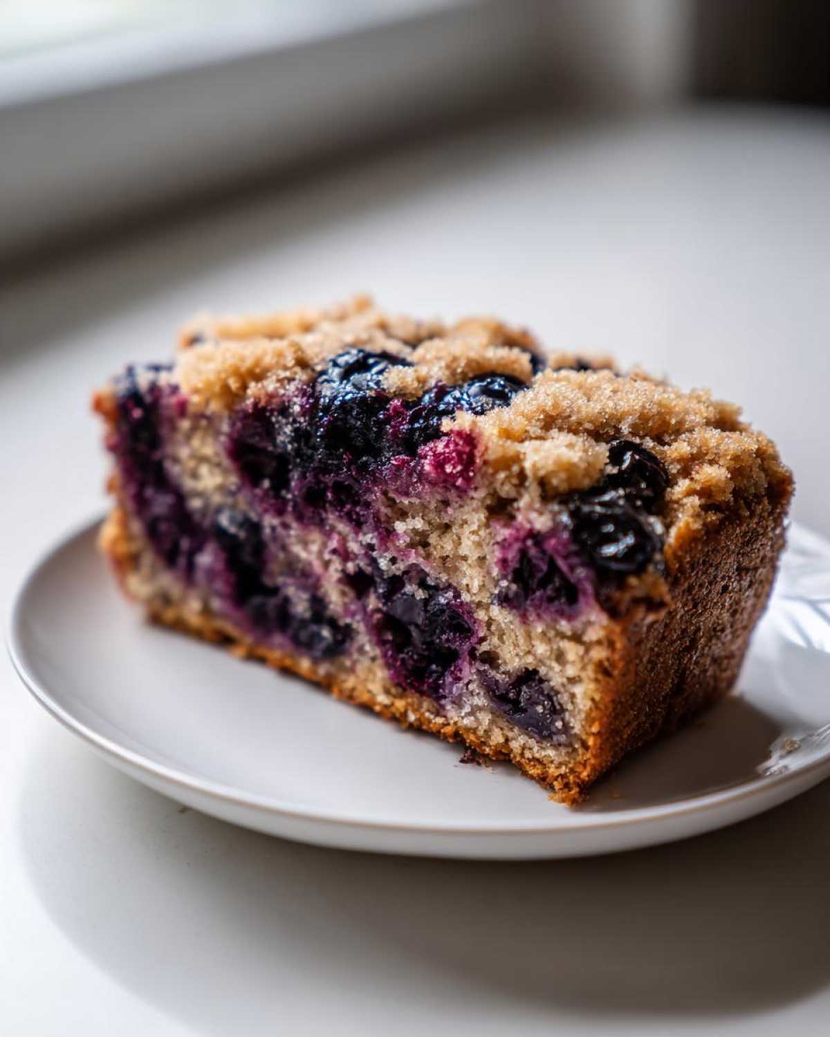 A close-up of a moist slice of blueberry banana bread topped with brown sugar streusel, sitting on a white plate.