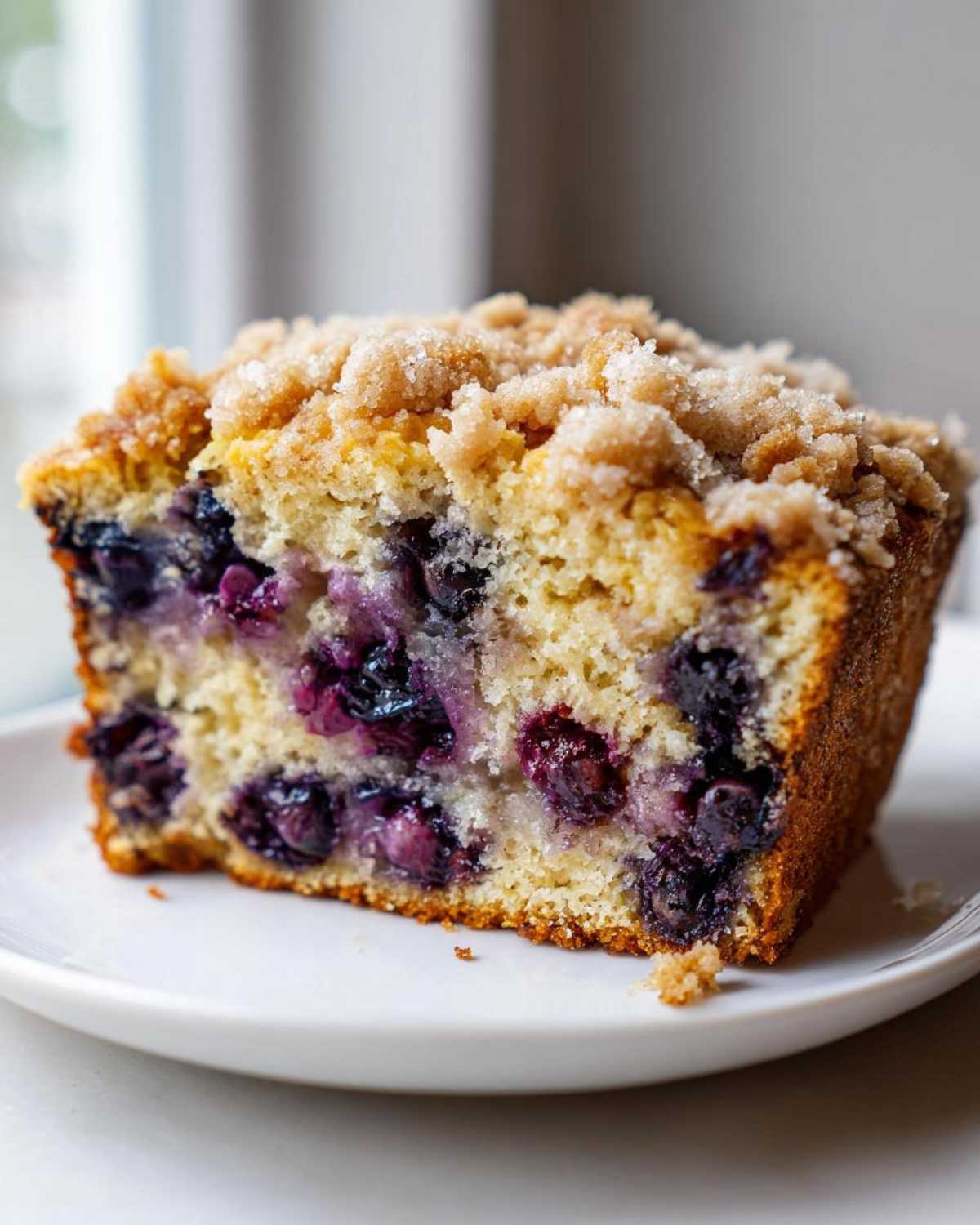 Close-up of a moist slice of blueberry banana bread topped with crunchy brown sugar streusel.