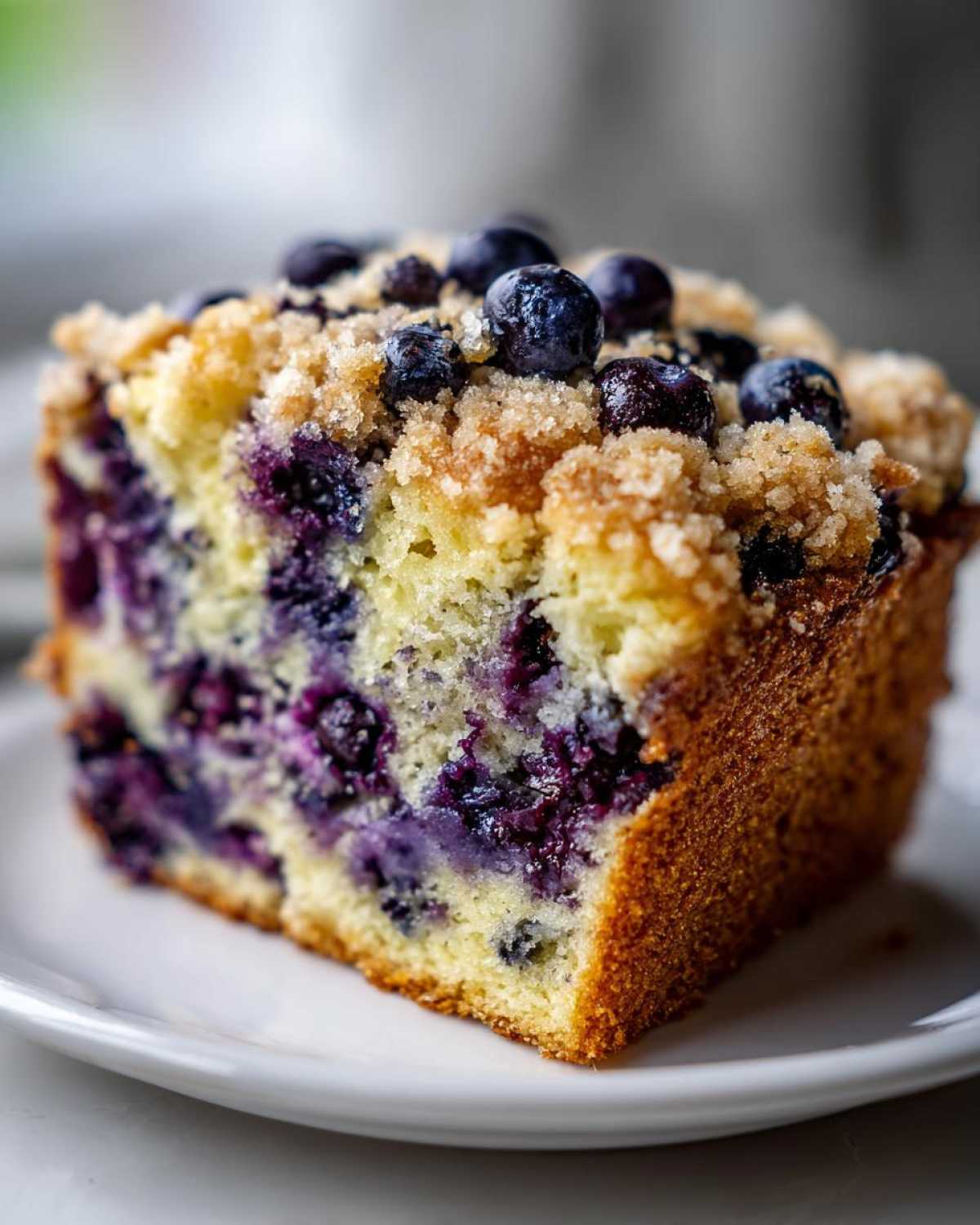Close-up of a moist slice of blueberry banana bread topped with fresh blueberries and brown sugar streusel.