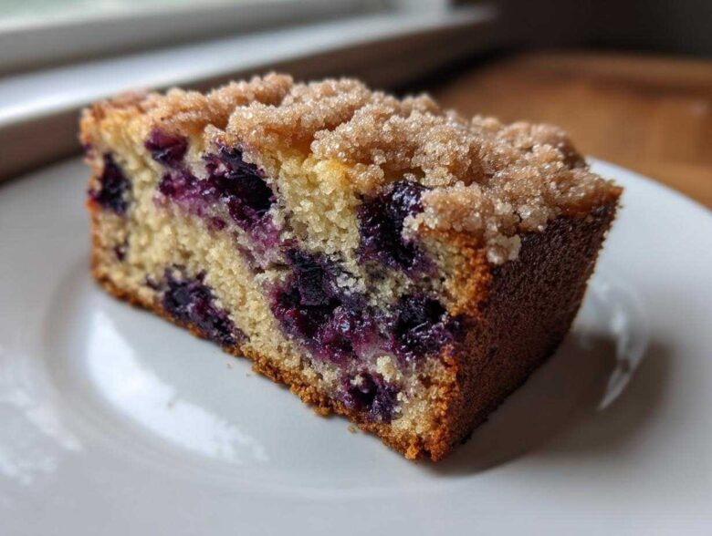 Close-up of a moist slice of blueberry banana bread topped with brown sugar streusel.