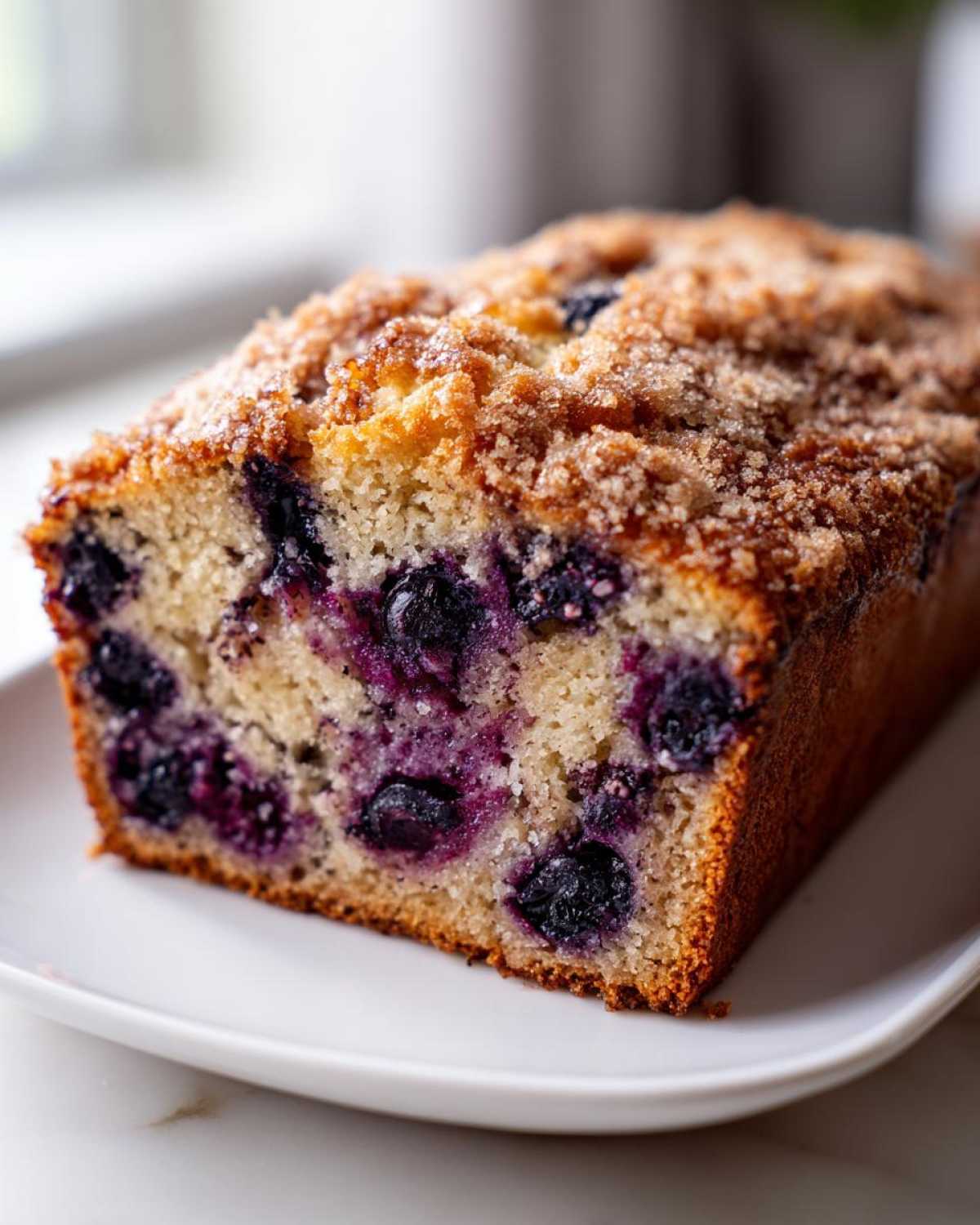A close-up of a freshly baked blueberry banana bread loaf with a crunchy, sugary streusel topping, showing moist crumb and bursting blueberries.