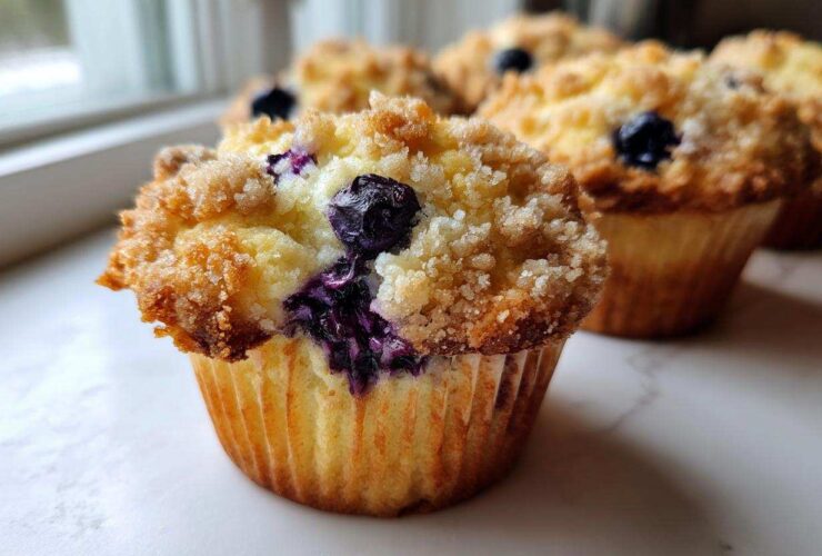 Close-up of a delicious blueberry muffin featuring a golden crumb topping and visible burst blueberries.