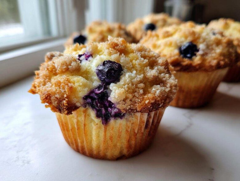 Close-up of a delicious blueberry muffin featuring a golden crumb topping and visible burst blueberries.