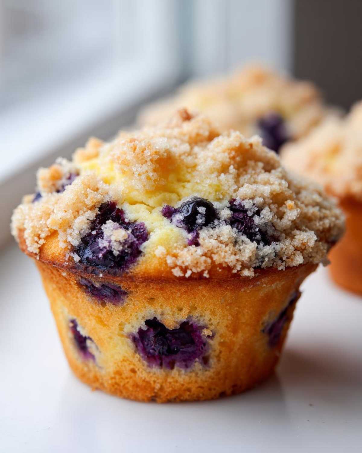 Close-up of a golden-brown blueberry muffin topped with sweet streusel crumb topping.